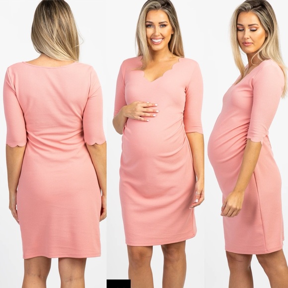 PinkBlush Peach Solid Scalloped Trim Fitted Maternity Dress - Picture 9 of 9
